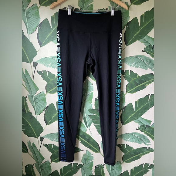 Victoria's Secret VSX Sport Knockout Tights Leggings Black Blue Logo Size M - Picture 1 of 9